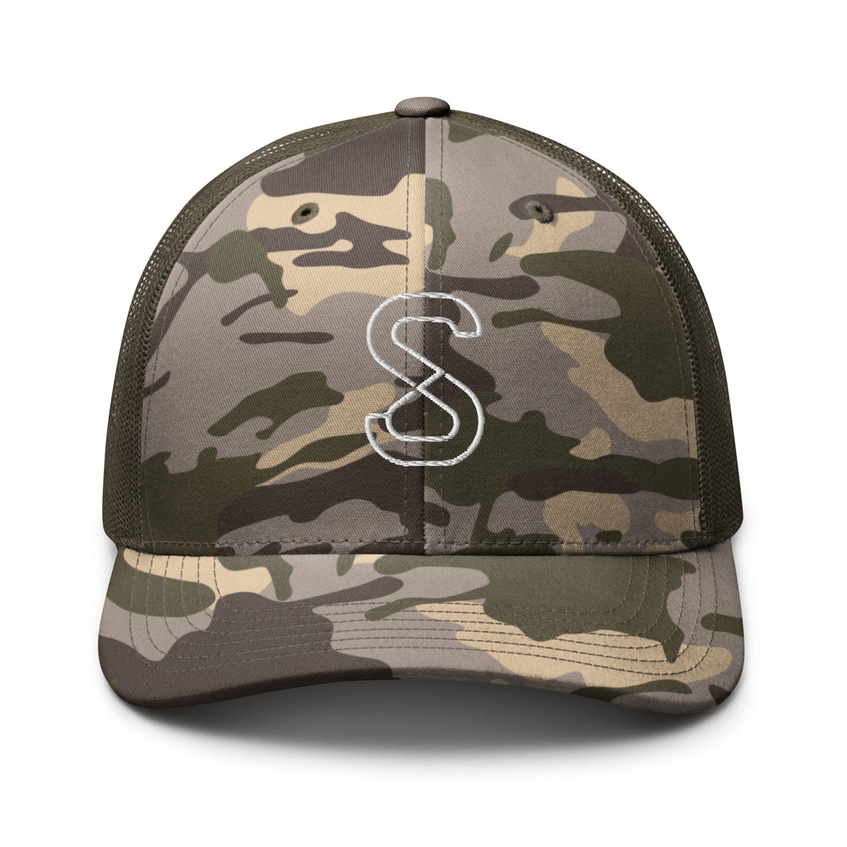 Camo/Olive trucker hat, front view, with embroidered white SparkyCA S logo
