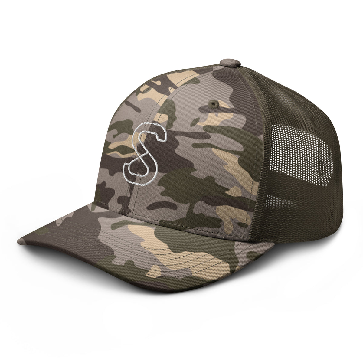 Camo/Olive trucker hat, front-left angle view, showing the olive mesh back panel