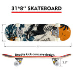 Skateboard dimensions diagram, 31 by 8 inches with double kick concave design