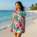 T-Shirt Dress - Tropical Hibiscus All-Over Print Beach Dress