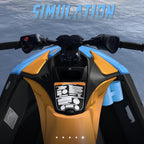 3D simulation render of a blue and orange Sea-Doo Spark Trixx with a blue cup holder mounted on the console