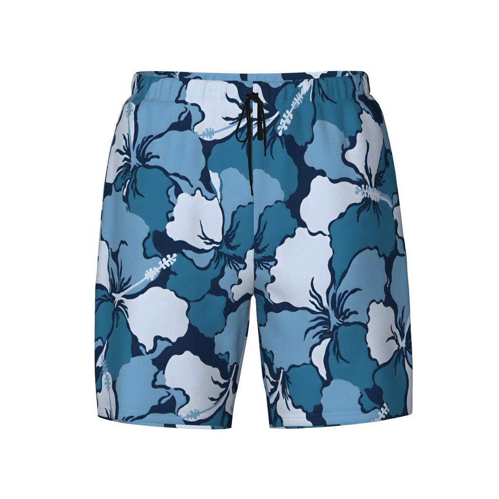 Blue and white hibiscus print swim shorts, flat product photo on white background