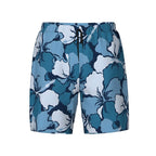 Blue and white hibiscus print swim shorts, flat product photo on white background