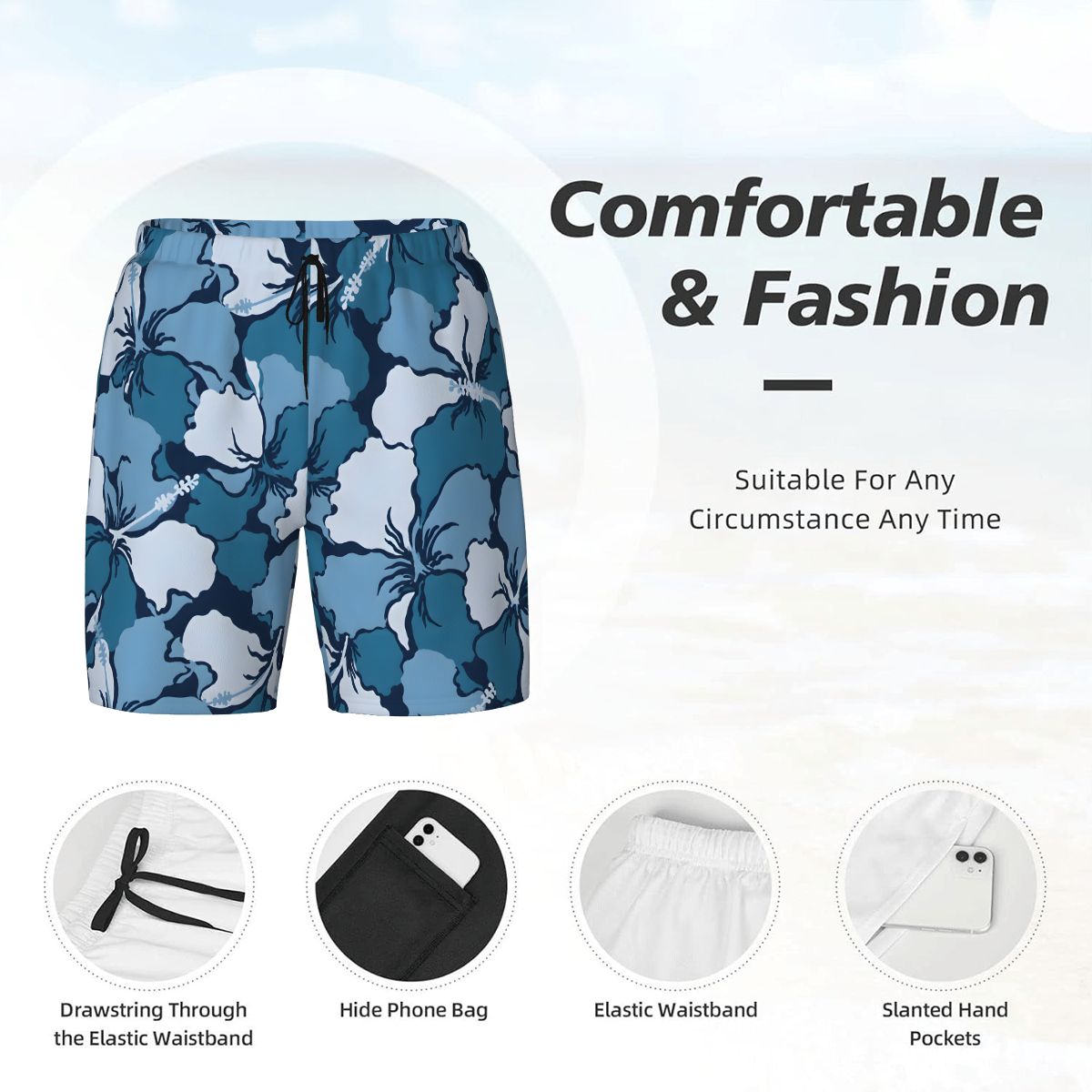 Infographic highlighting drawstring waistband, hidden phone pocket and slanted hand pockets