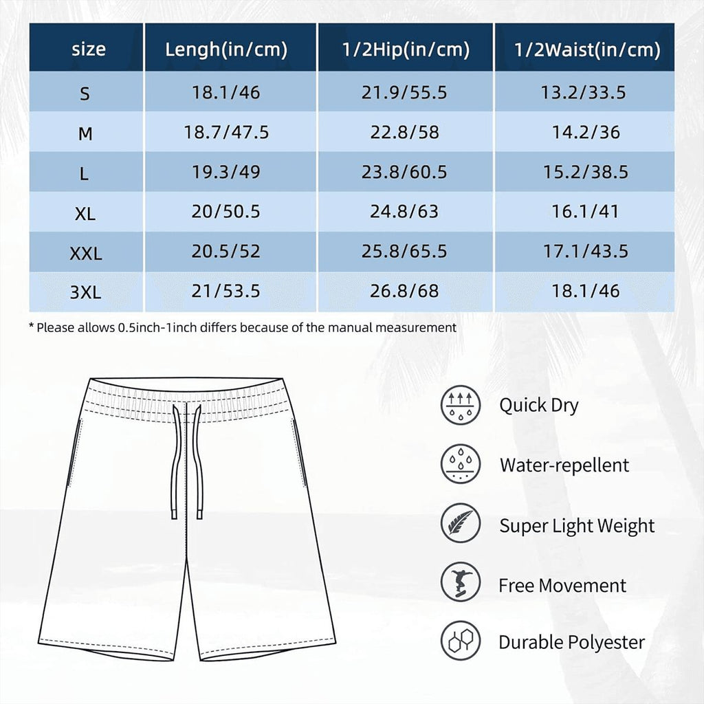 Size chart table and shorts diagram showing length, hip and waist measurements