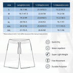 Size chart table and shorts diagram showing length, hip and waist measurements