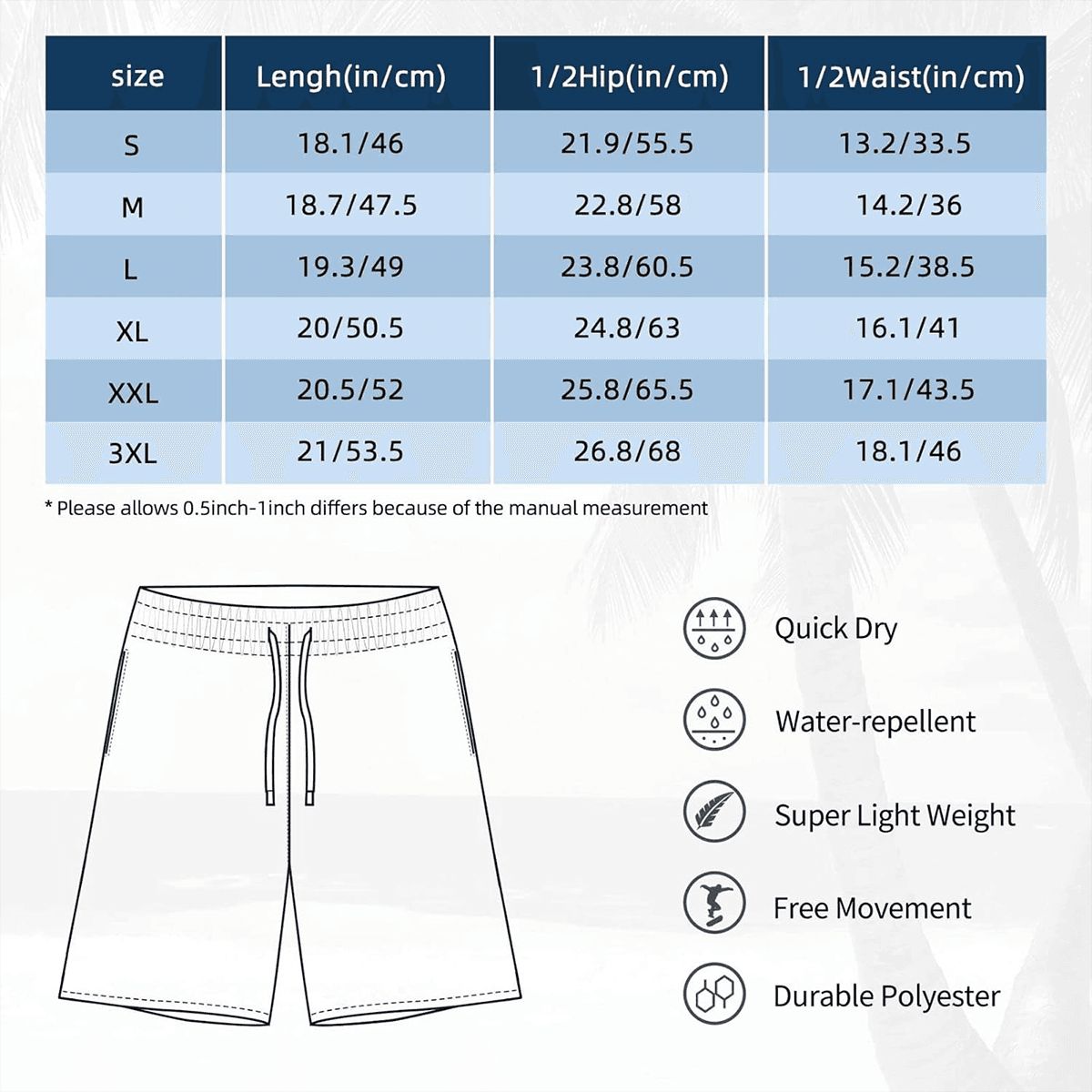 Size chart table and shorts diagram showing length, hip and waist measurements