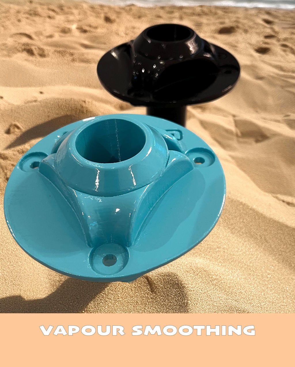 Comparison of a glossy vapour-smoothed teal mount in front and a standard black mount behind