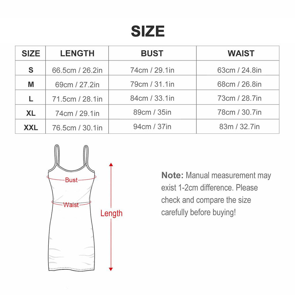 Size chart table and dress diagram showing length, bust and waist measurements