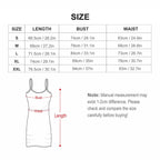 Size chart table and dress diagram showing length, bust and waist measurements
