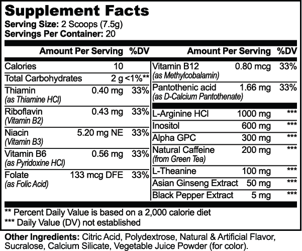 Focus Powder (Sour Candy) supplement facts label showing ingredients and serving size