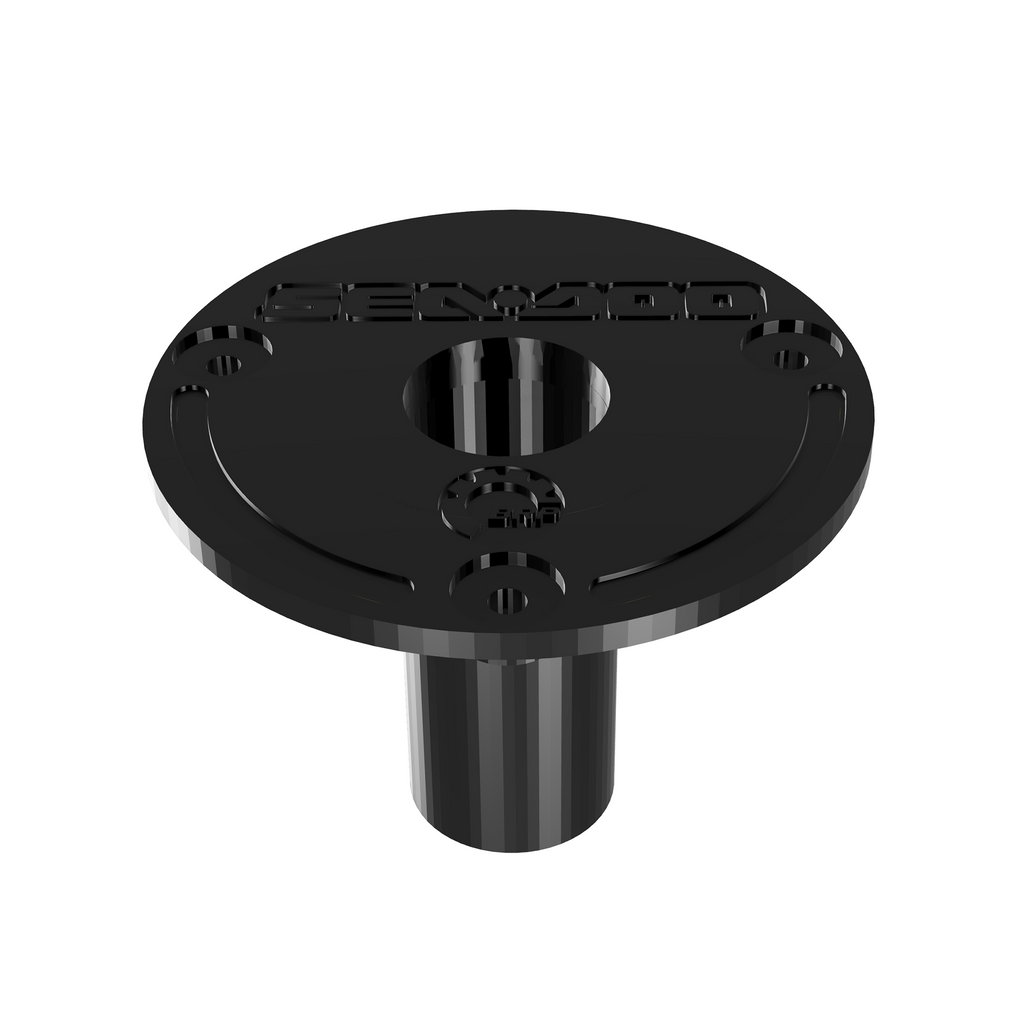3D render of the black Sea-Doo Insta360 pole mount base plate with center pole and screw holes