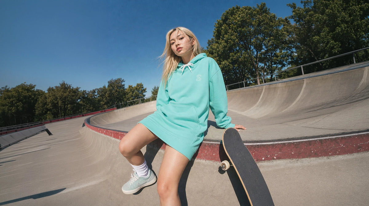 A blonde woman wearing a mint green hoodie dress and white sneakers sits on the edge of a concrete skatepark bowl holding a skateboard, with trees and a blue sky in the background.
