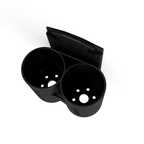 Black cup holder, top-down CAD render showing drain holes in each cup