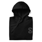 Black unisex hoodie, front view, with embroidered white SparkyCA S logo on the left chest