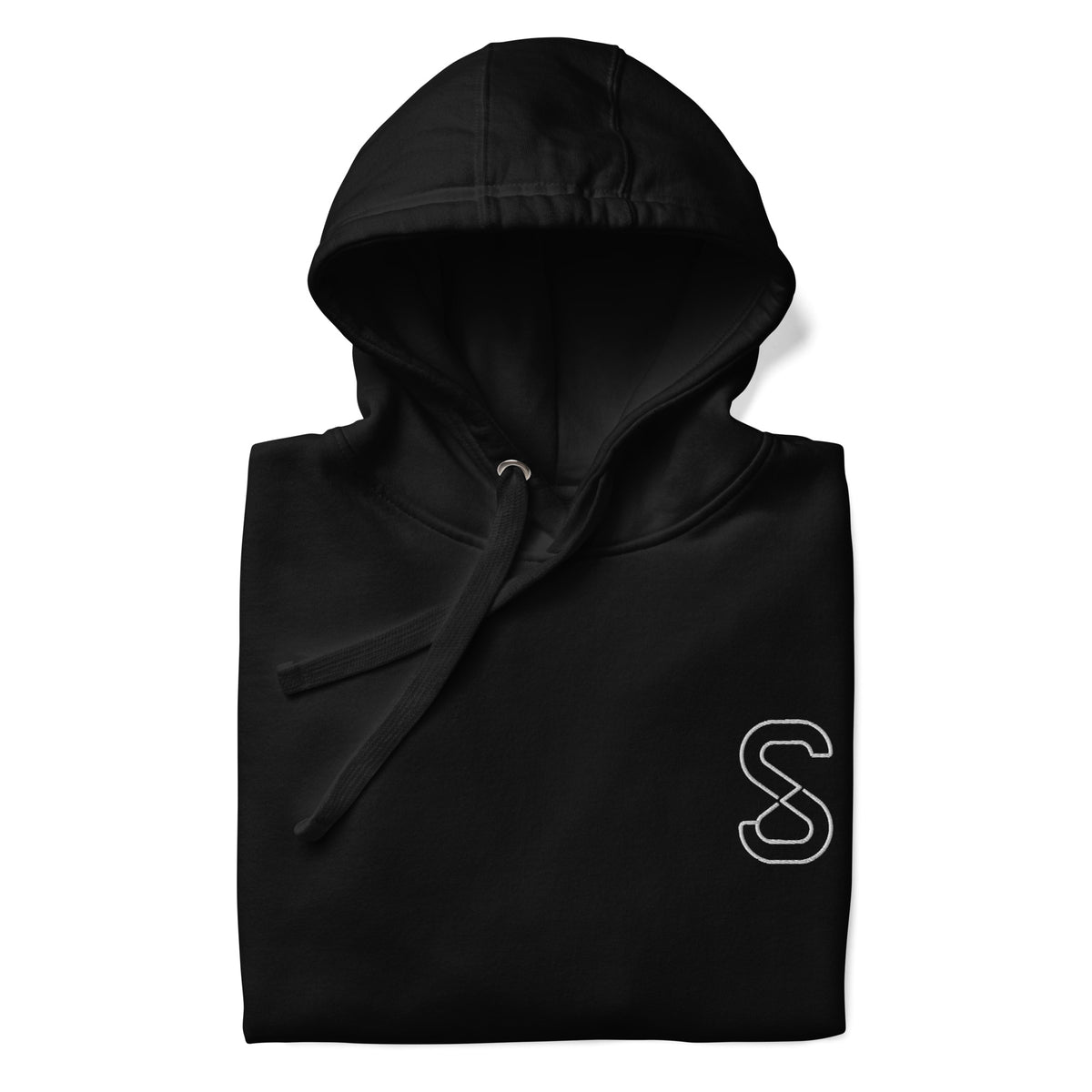 Black unisex hoodie, front view, with embroidered white SparkyCA S logo on the left chest