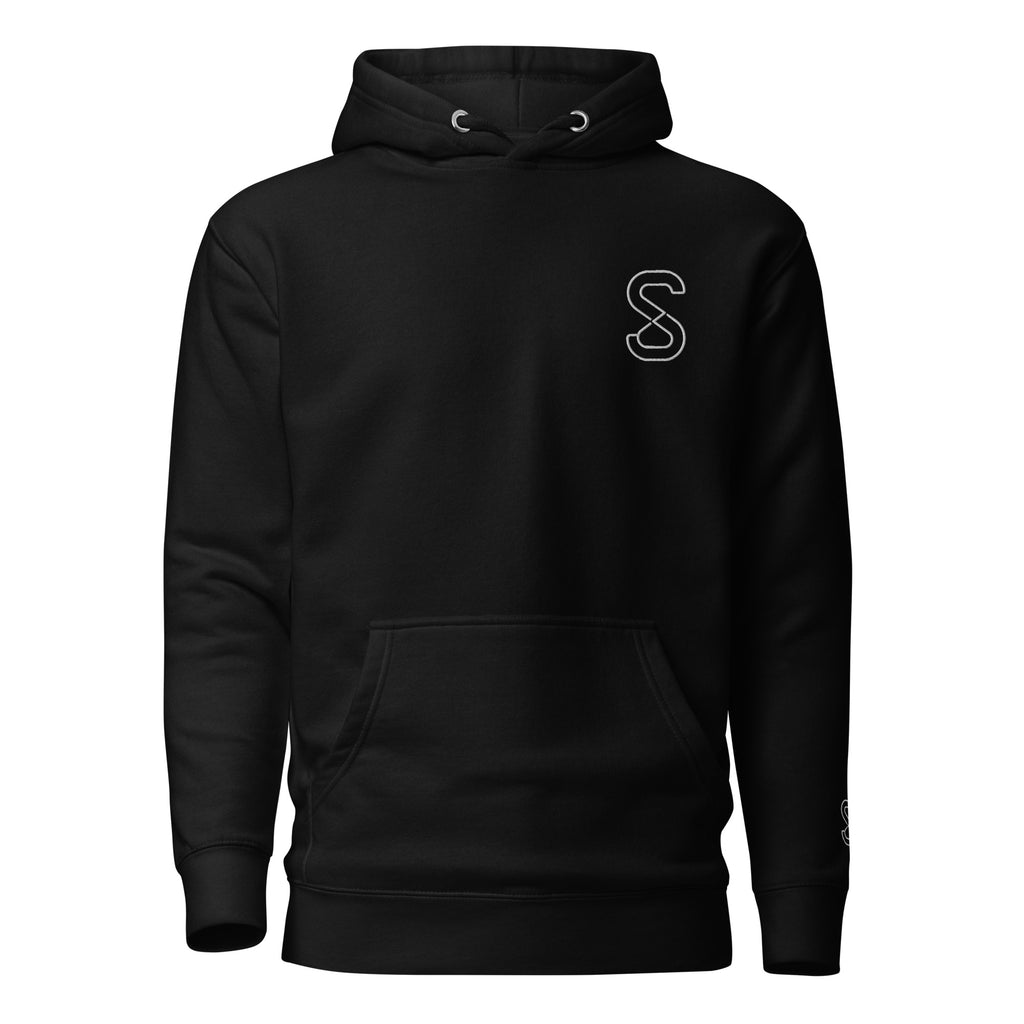Black unisex hoodie, front view, with embroidered white SparkyCA S logo on the left chest