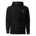 Black unisex hoodie, front view, with embroidered white SparkyCA S logo on the left chest