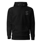 Black unisex hoodie, front view, with embroidered white SparkyCA S logo on the left chest
