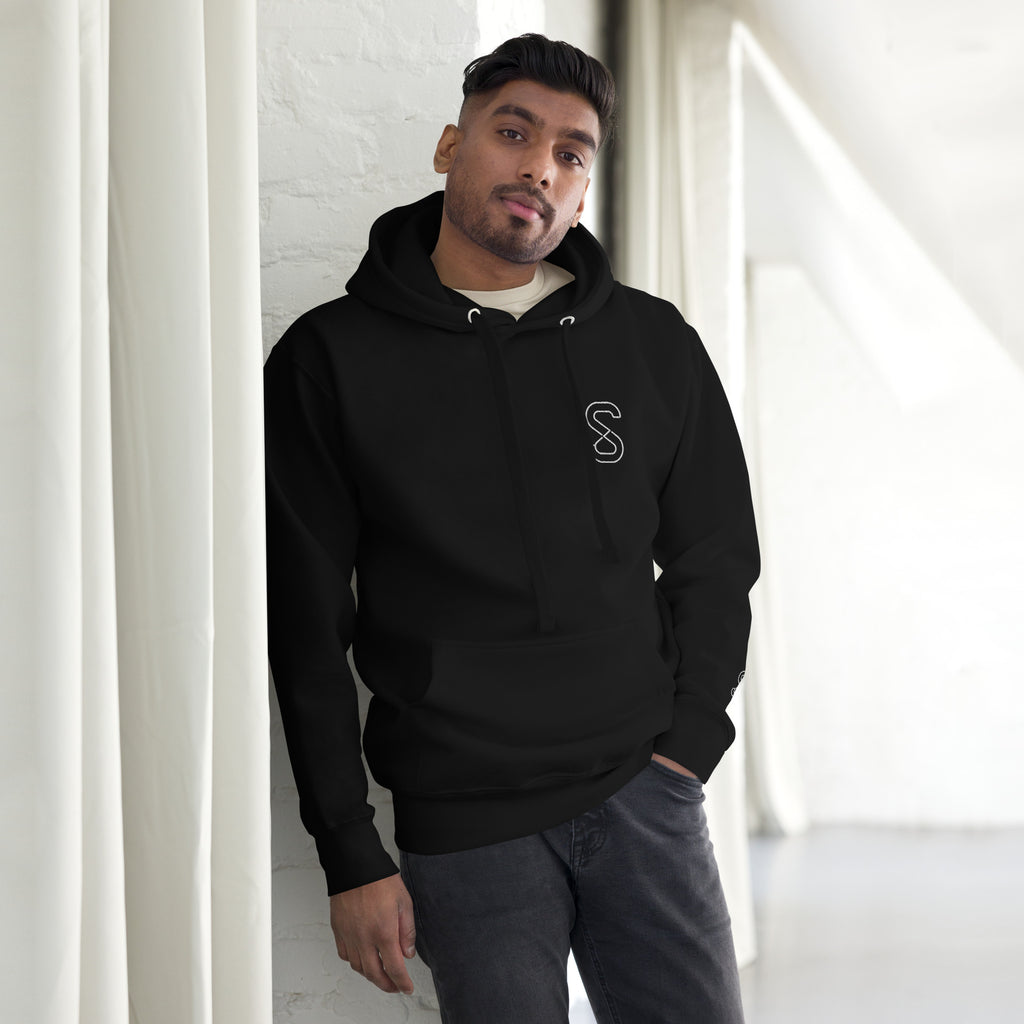 Black unisex hoodie, front view, with embroidered white SparkyCA S logo on the left chest