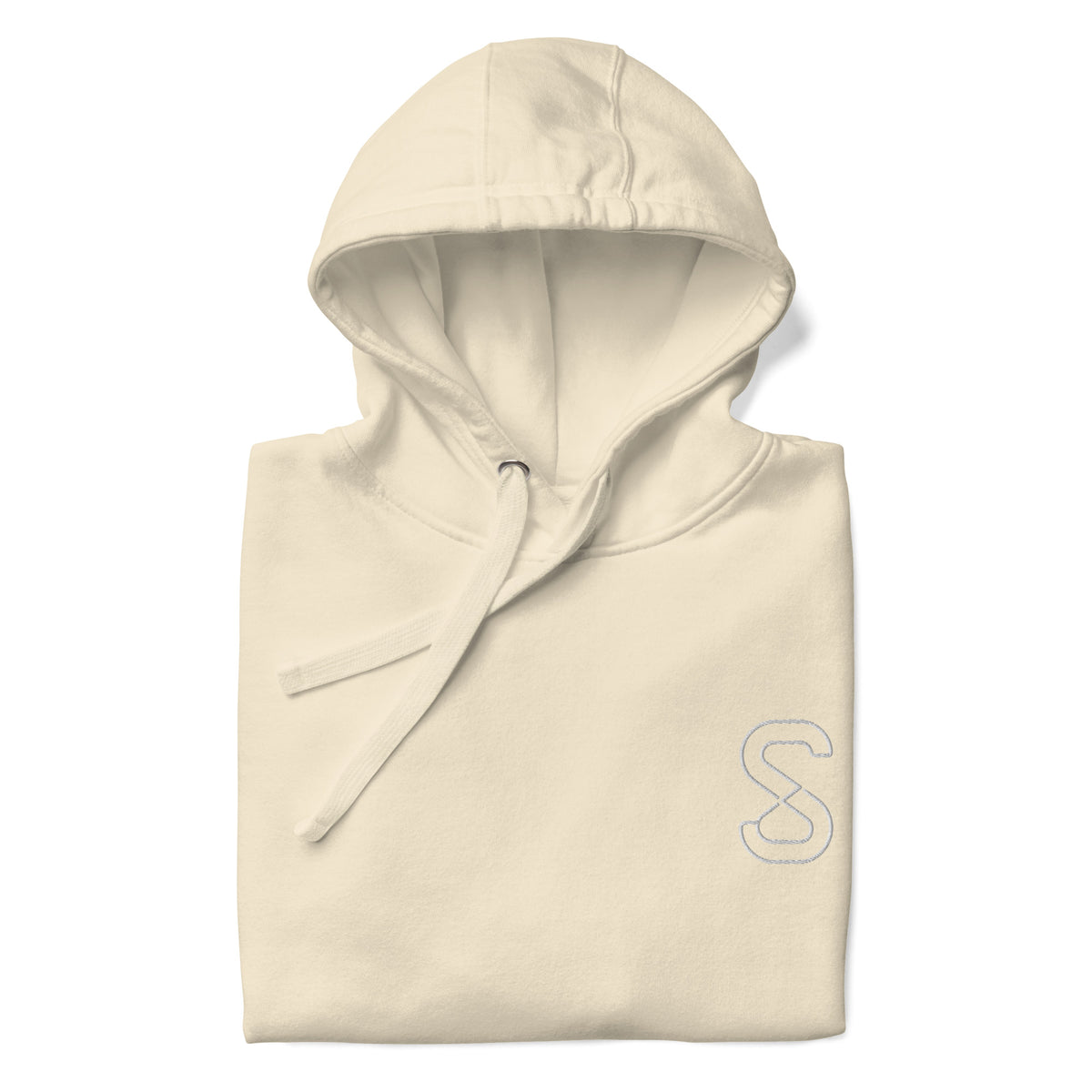 Bone unisex hoodie, front view, with embroidered logo on the left chest