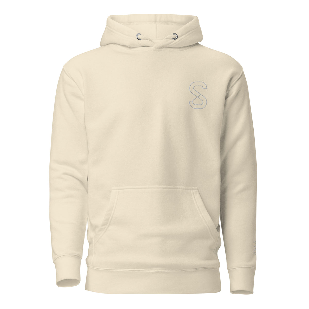 Bone unisex hoodie, front view, with embroidered logo on the left chest