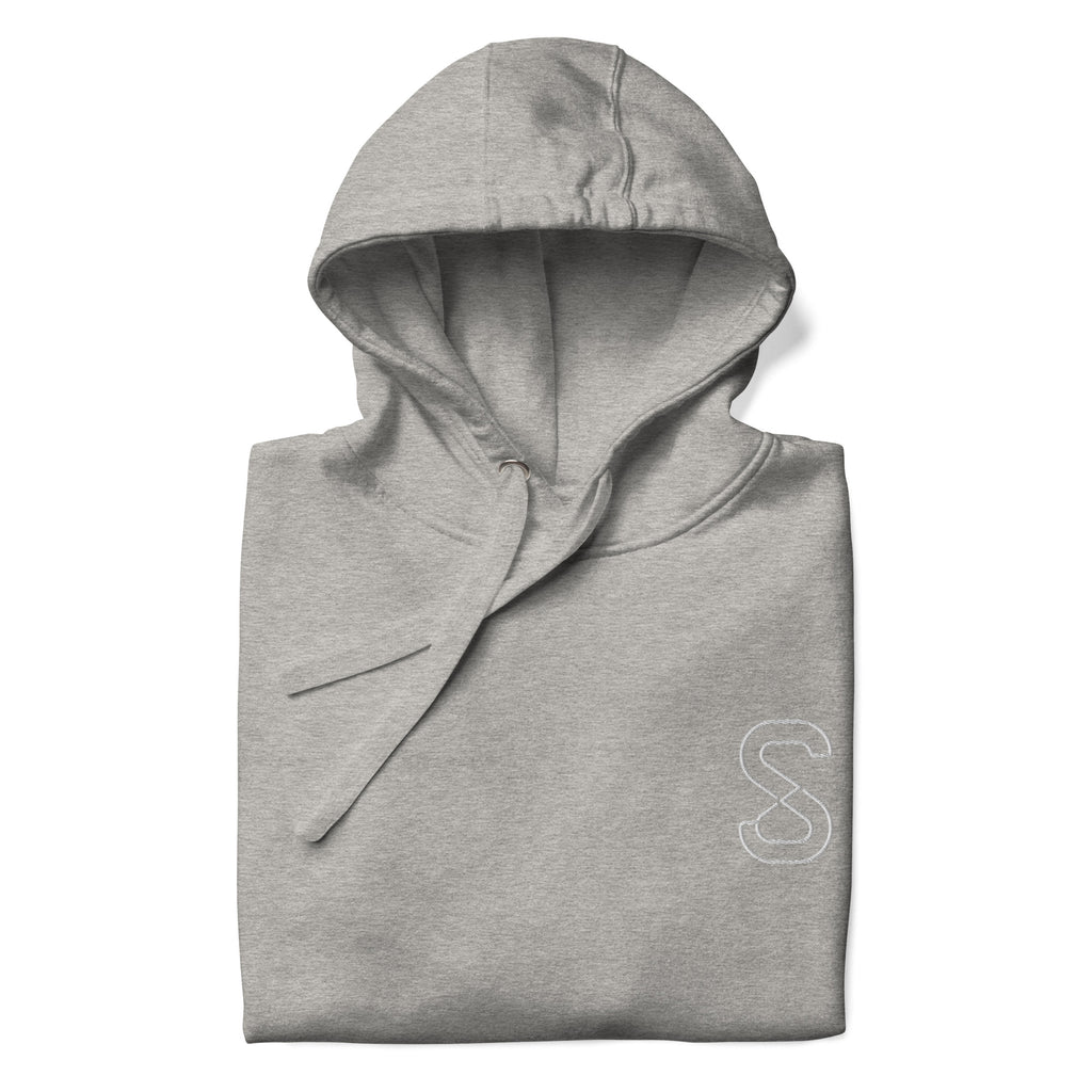 Carbon Grey unisex hoodie, front view, with embroidered logo on the left chest