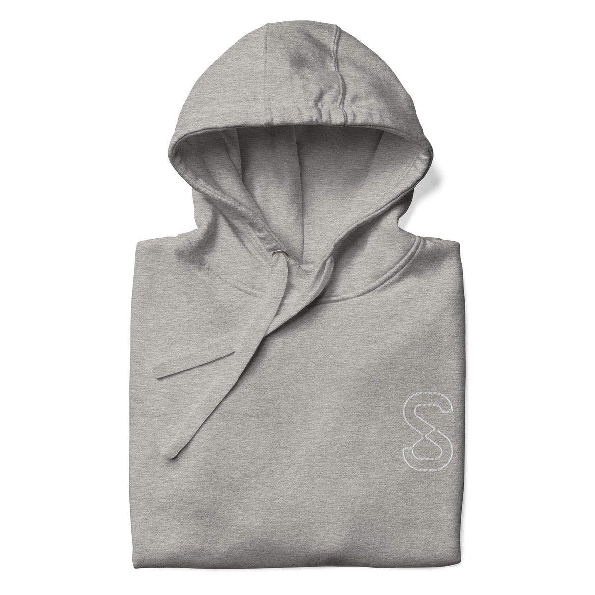 Carbon Grey unisex hoodie, front view, with embroidered logo on the left chest