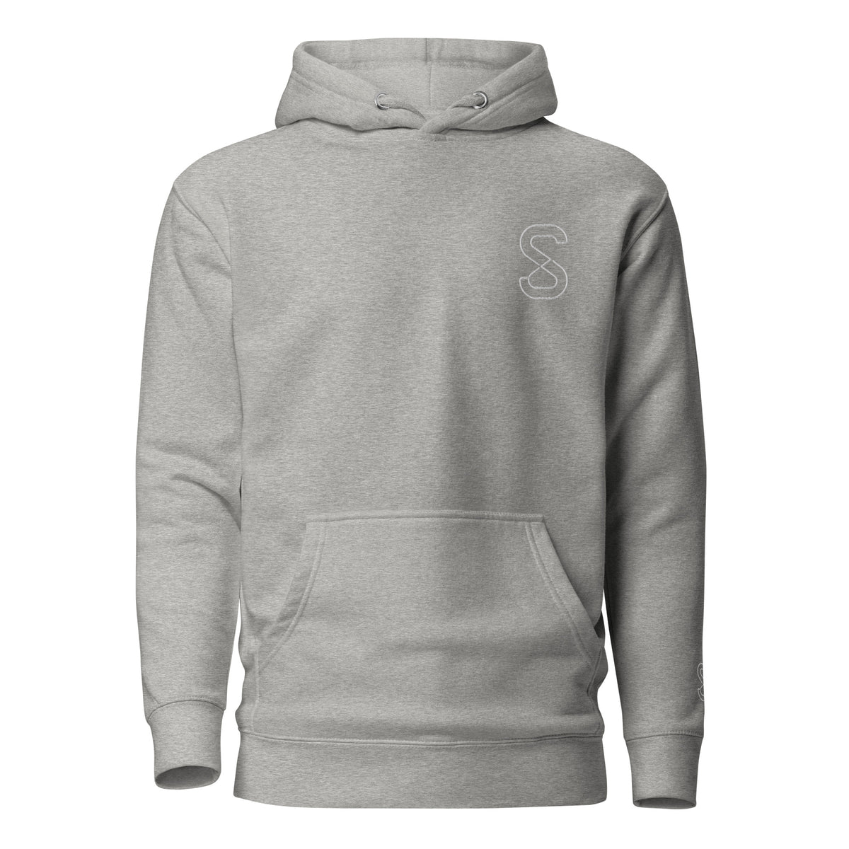Carbon Grey unisex hoodie, front view, with embroidered logo on the left chest