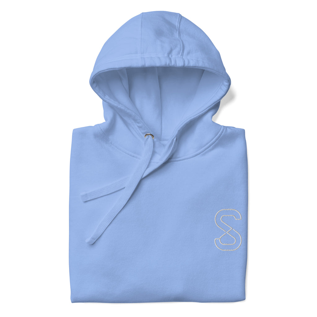 Carolina Blue unisex hoodie, front view, with embroidered logo on the left chest