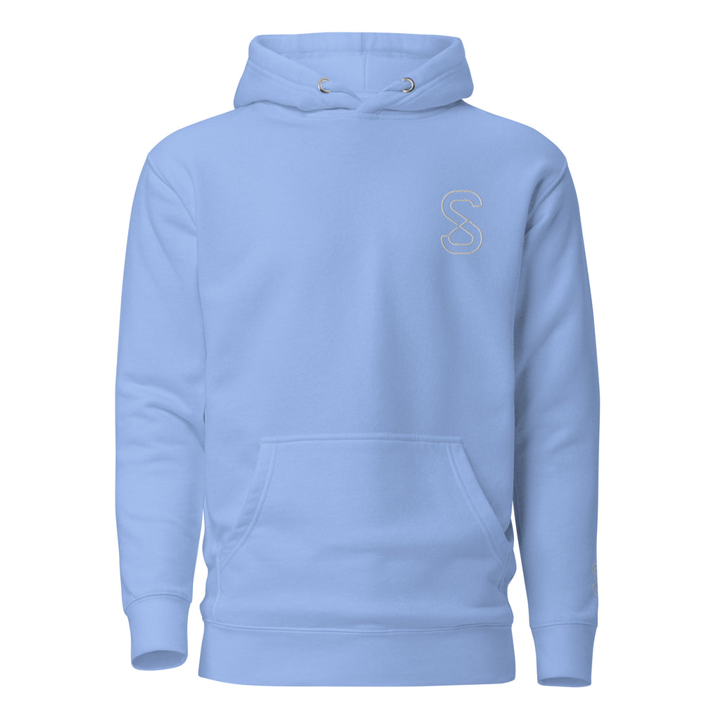 Carolina Blue unisex hoodie, front view, with embroidered logo on the left chest