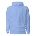 Carolina Blue unisex hoodie, front view, with embroidered logo on the left chest