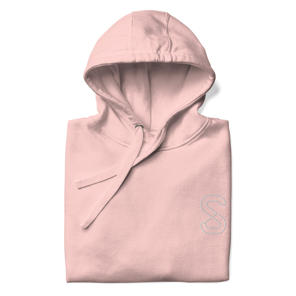Light Pink unisex hoodie, front view, with embroidered logo on the left chest