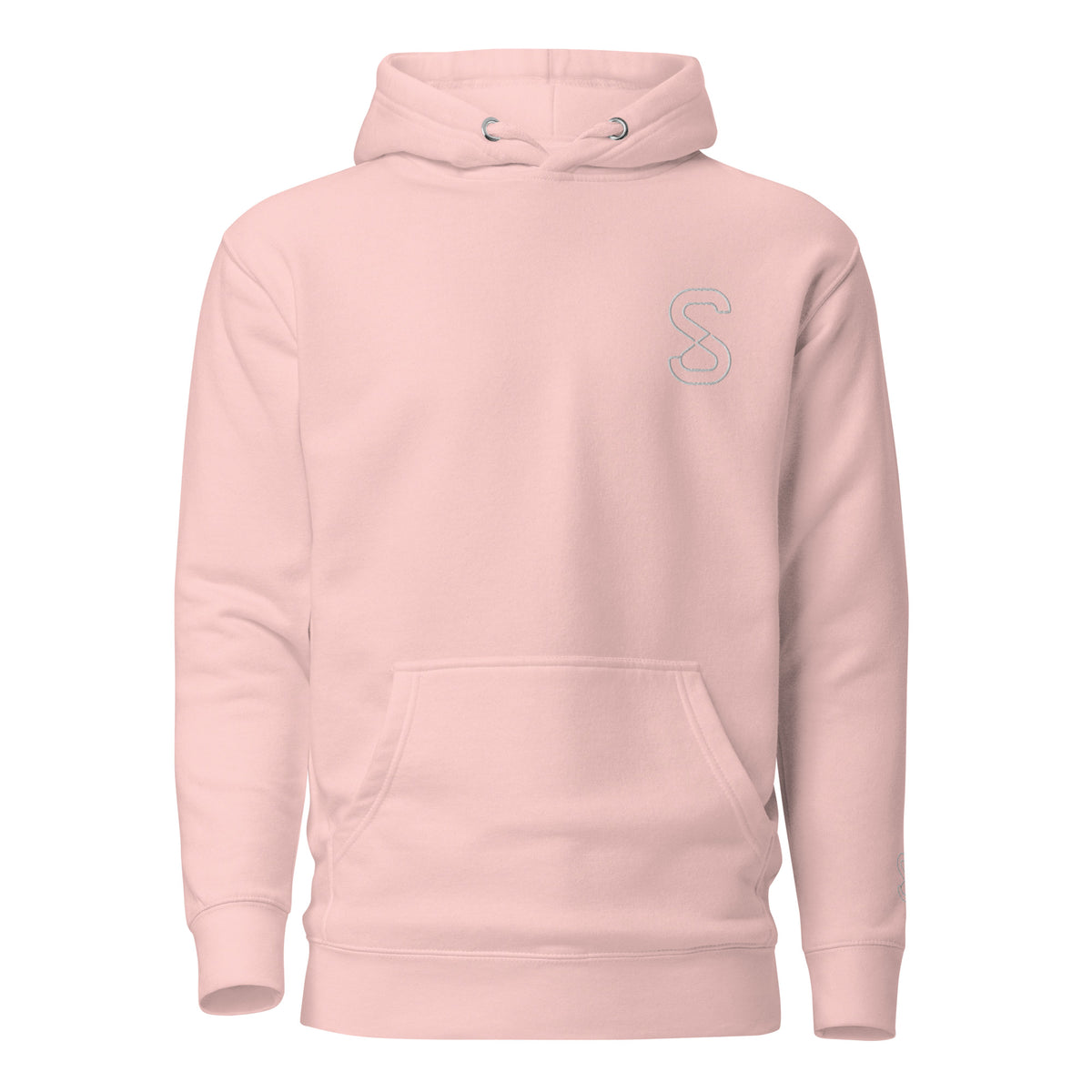 Light Pink unisex hoodie, front view, with embroidered logo on the left chest