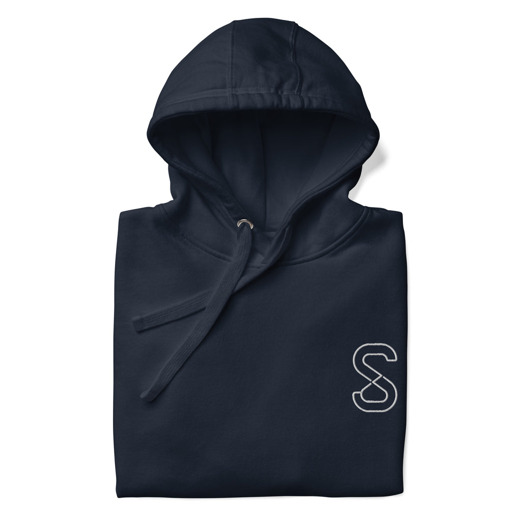 Navy Blazer unisex hoodie, front view, with embroidered white SparkyCA S logo on the left chest