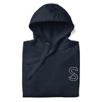 Navy Blazer unisex hoodie, front view, with embroidered white SparkyCA S logo on the left chest