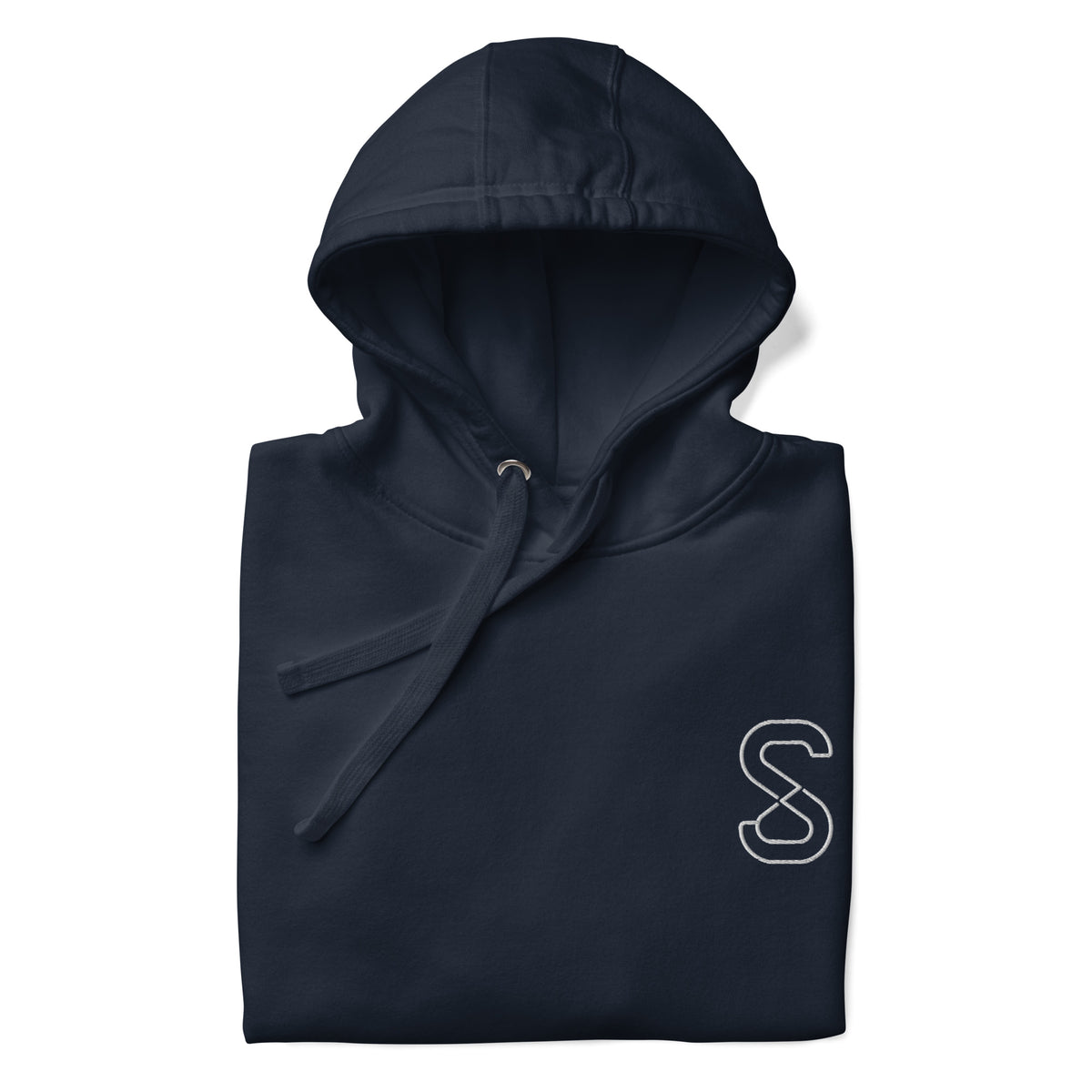 Navy Blazer unisex hoodie, front view, with embroidered white SparkyCA S logo on the left chest