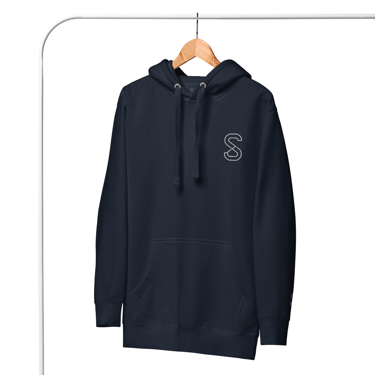 Navy Blazer unisex hoodie, front view, with embroidered white SparkyCA S logo on the left chest