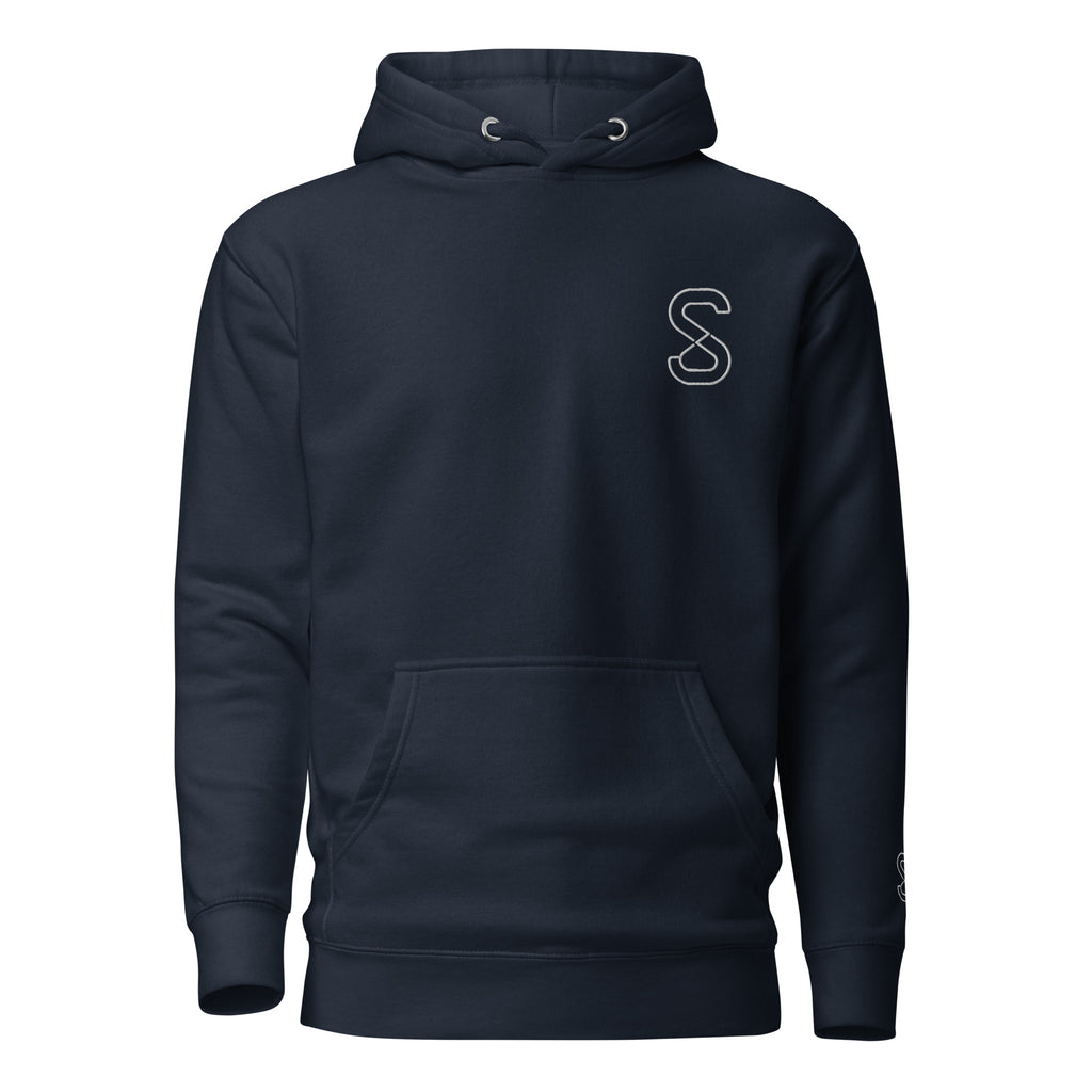 Navy Blazer unisex hoodie, front view, with embroidered white SparkyCA S logo on the left chest
