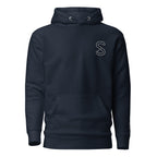 Navy Blazer unisex hoodie, front view, with embroidered white SparkyCA S logo on the left chest