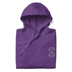 Purple unisex hoodie, front view, with embroidered white SparkyCA S logo on the left chest