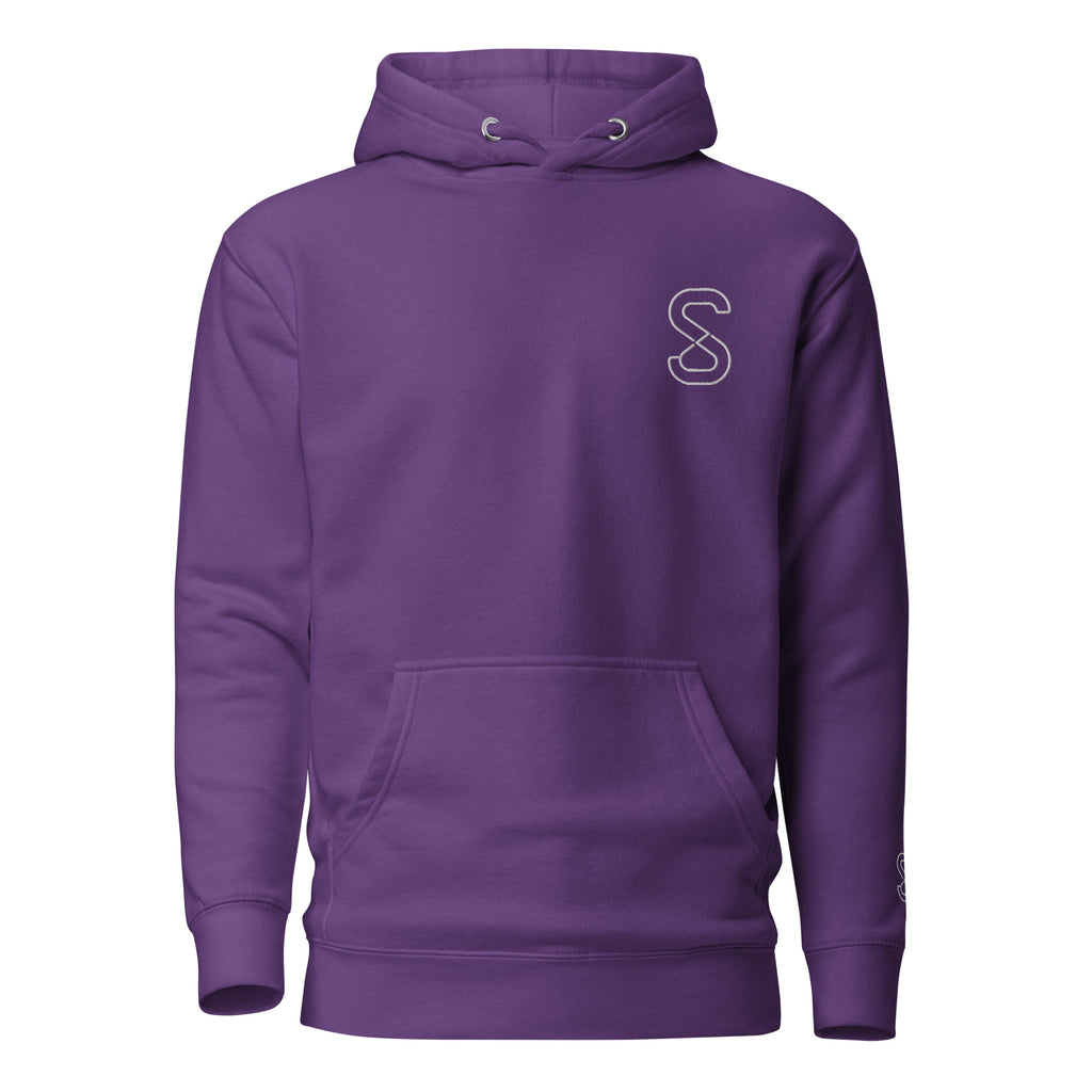 Purple unisex hoodie, front view, with embroidered white SparkyCA S logo on the left chest