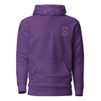 Purple unisex hoodie, front view, with embroidered white SparkyCA S logo on the left chest