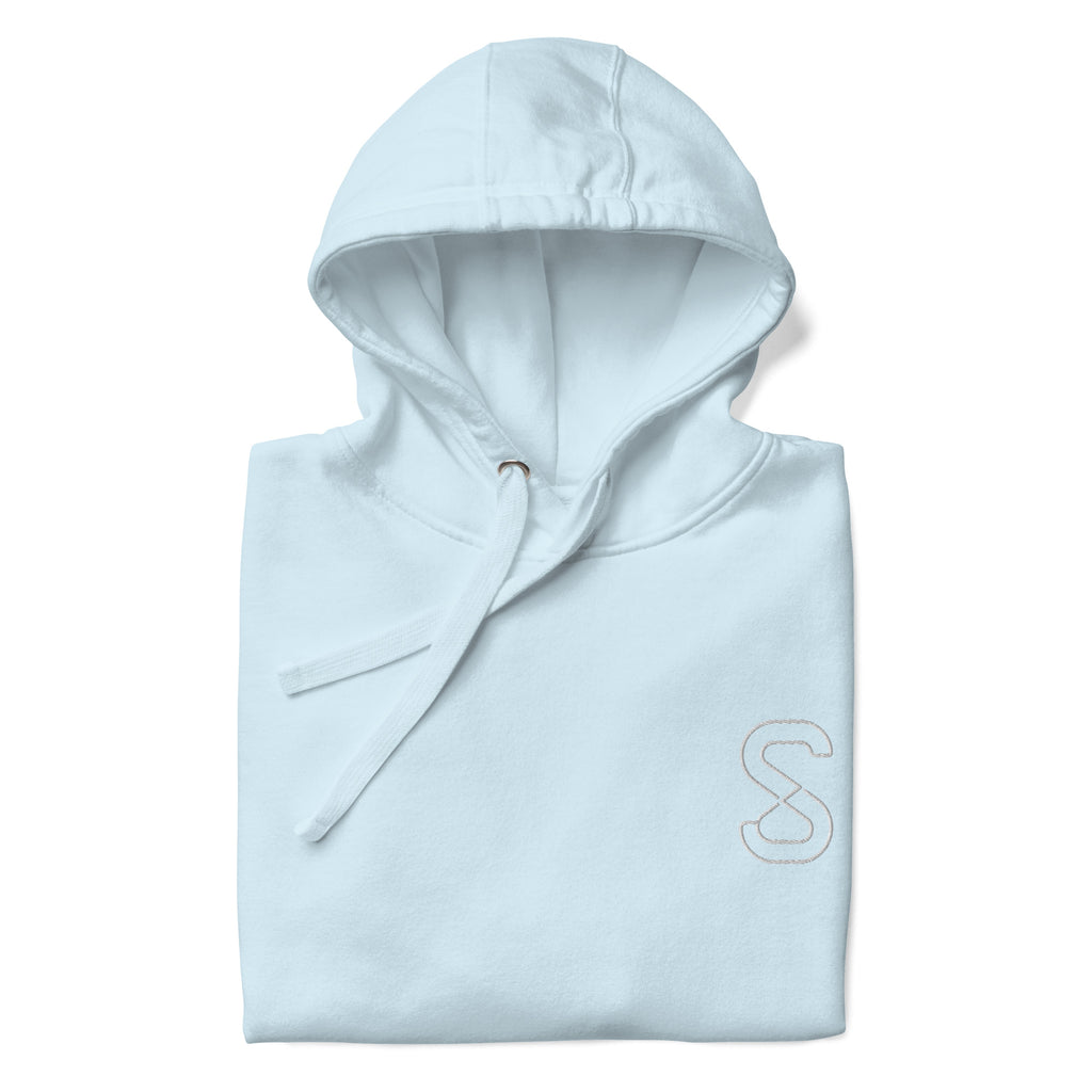 Sky Blue unisex hoodie, front view, with embroidered logo on the left chest