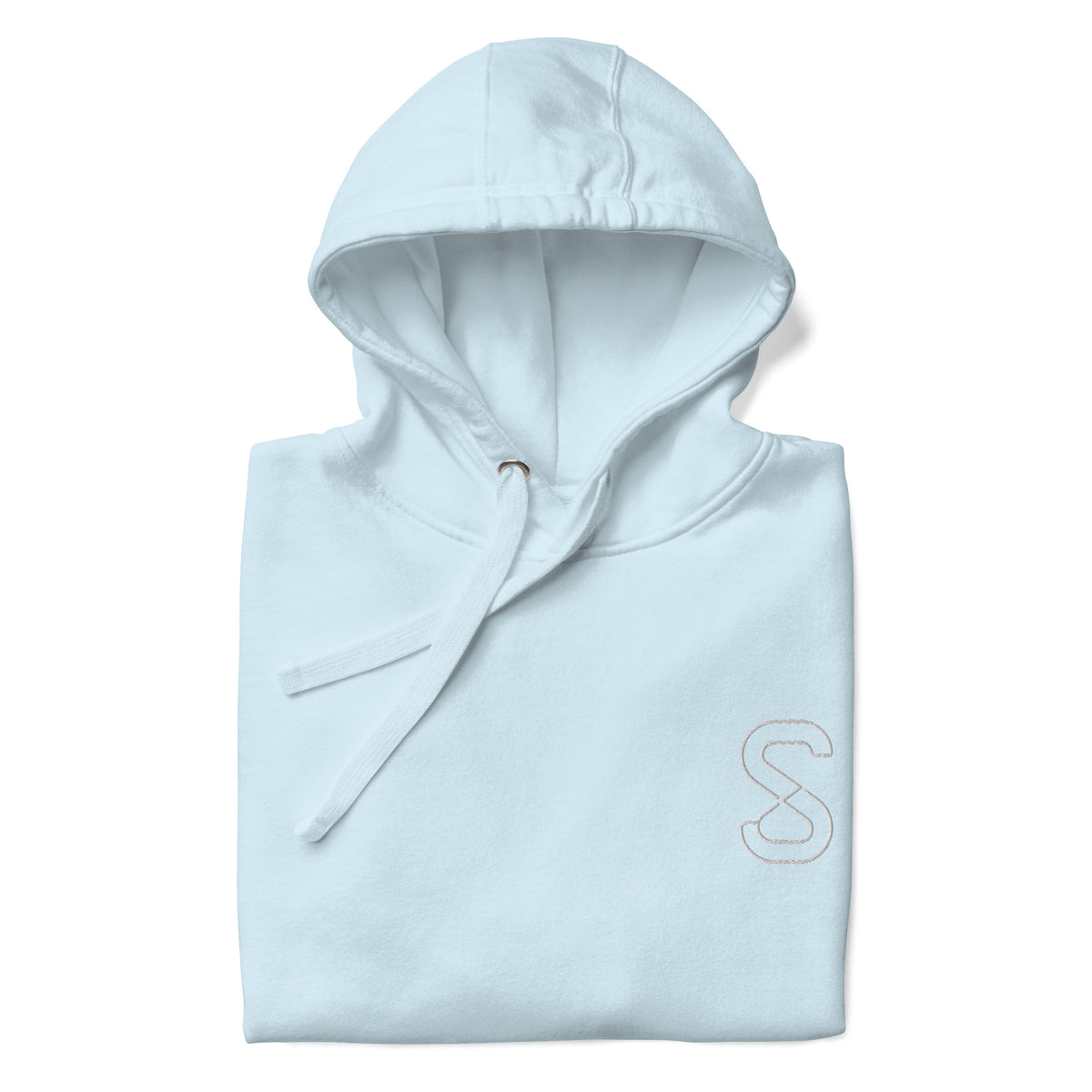 Sky Blue unisex hoodie, front view, with embroidered logo on the left chest