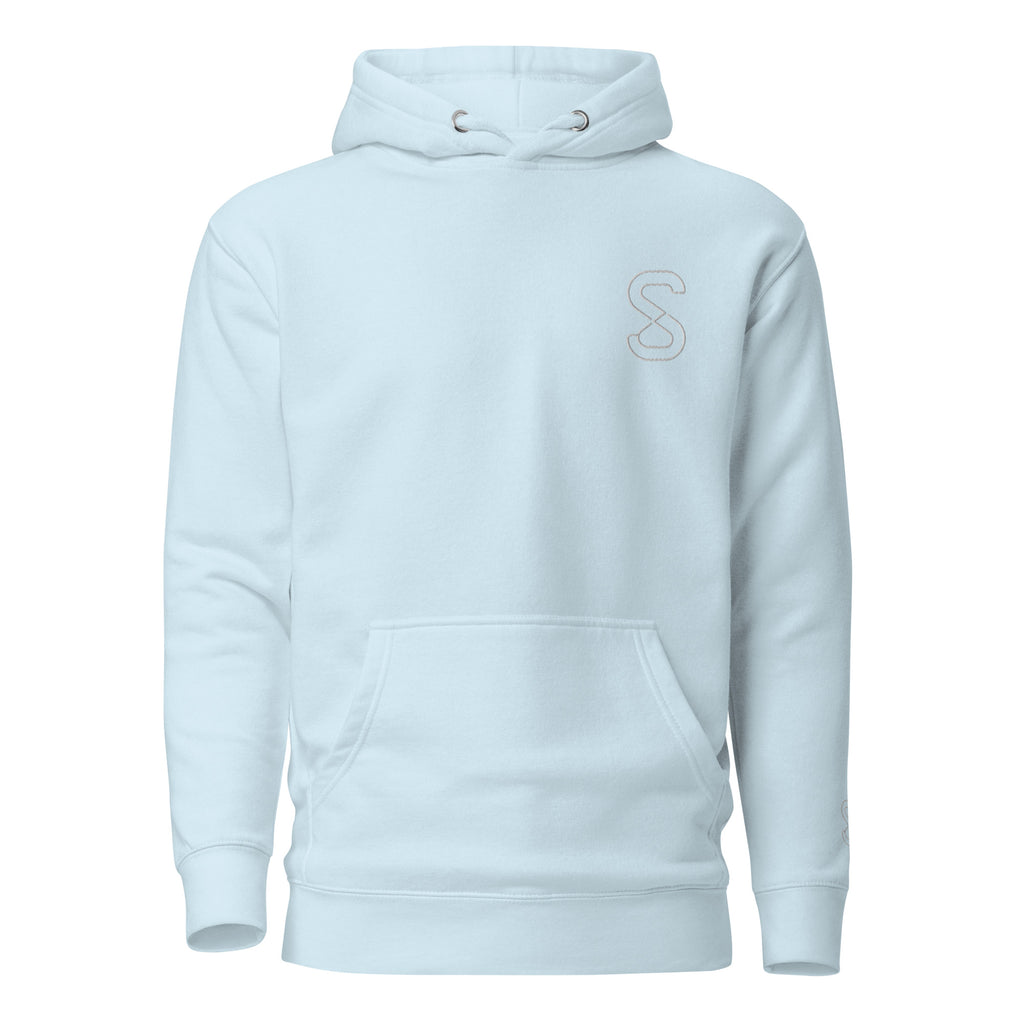Sky Blue unisex hoodie, front view, with embroidered logo on the left chest
