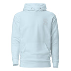 Sky Blue unisex hoodie, front view, with embroidered logo on the left chest