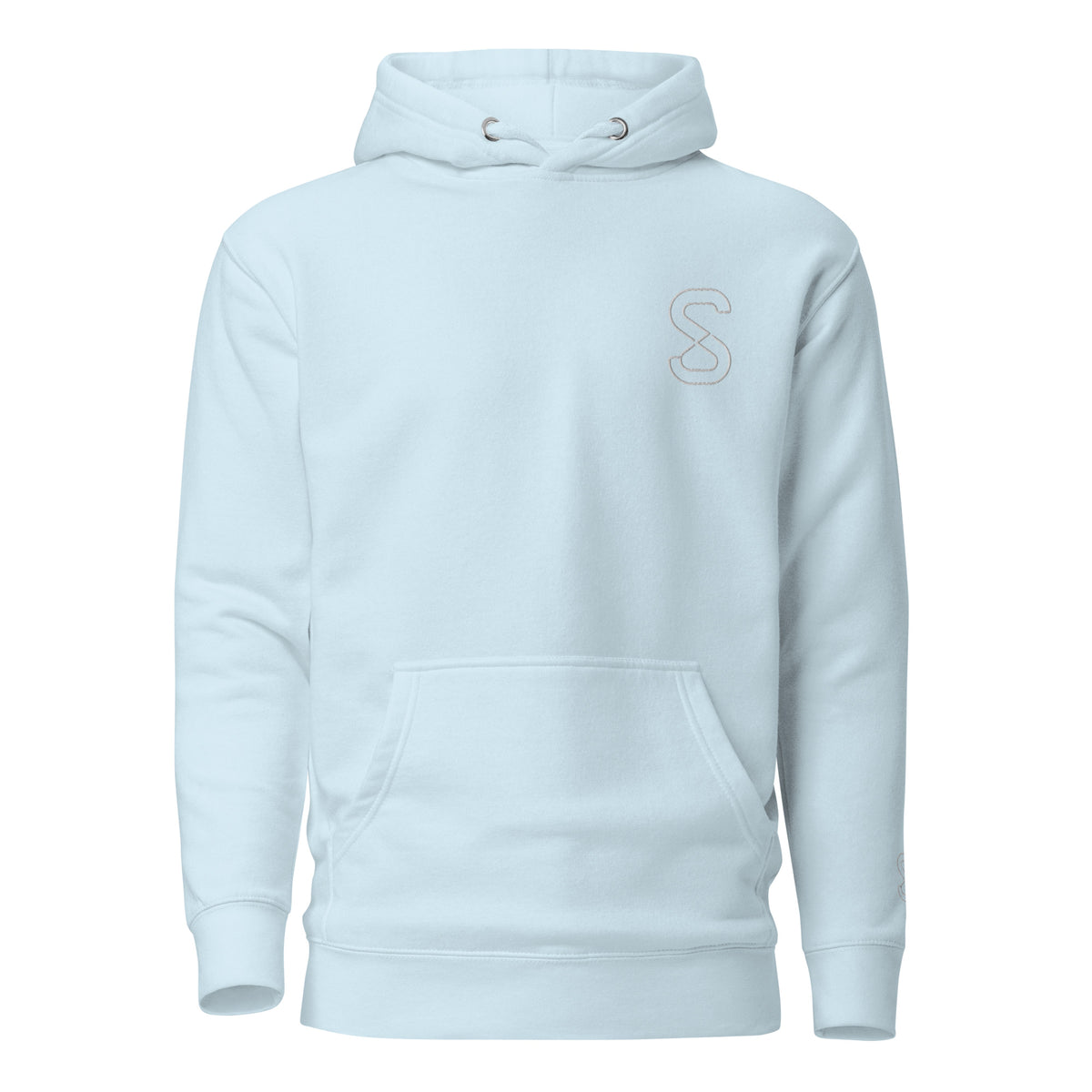 Sky Blue unisex hoodie, front view, with embroidered logo on the left chest