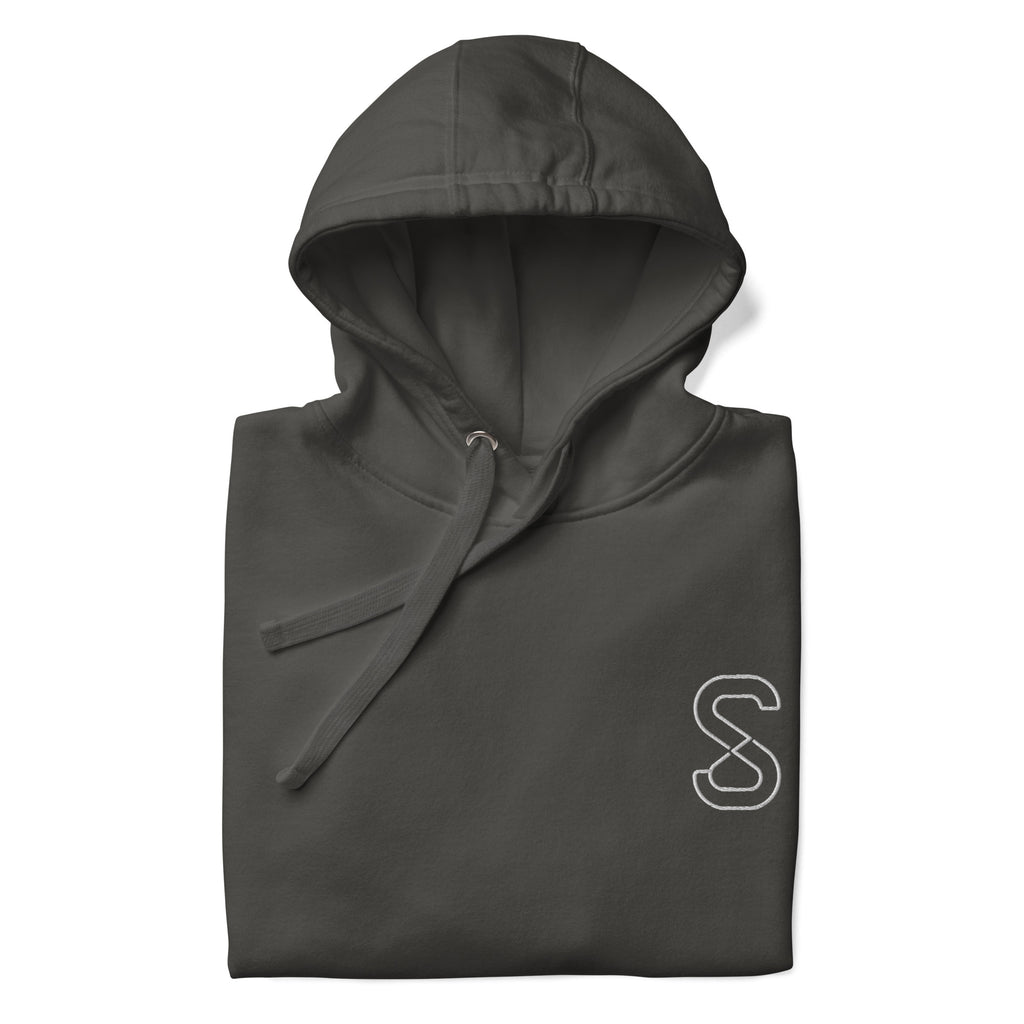 Vintage Black (faded charcoal grey) unisex hoodie, front view, with embroidered white SparkyCA S logo on the left chest