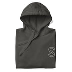 Vintage Black (faded charcoal grey) unisex hoodie, front view, with embroidered white SparkyCA S logo on the left chest